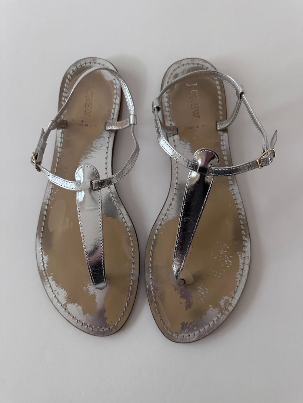 J Crew Size 12 Silver Metallic T-Strap Sandals